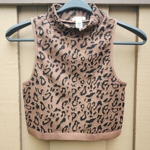 Bozzolo Animal Print Mock Neck Cropped Tank Top Cheetah Leopard Brown Black Y2K